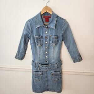 Y2K Hotkiss Denim Dress Size Medium Juniors Jean Belted Snap Preppy Grunge 00s